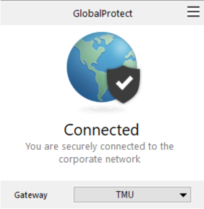 Global Protect "Connected" window displays when connection is made