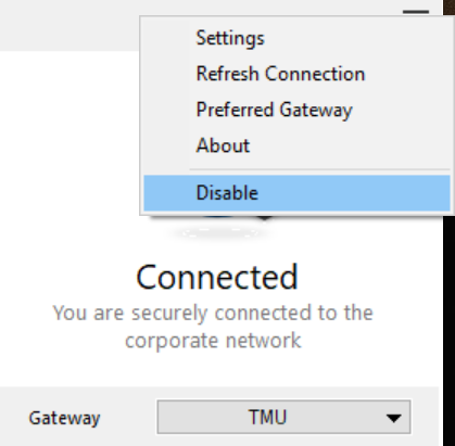 From your taskbar click on GlobalProtect icon.  Click on the Settings gear and select Disable.