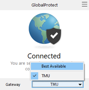 GlobalProtect connected screen with 'Best Available' highlighted as a gateway option