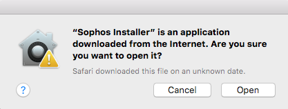 Sophos installer prompt.  "Is an application downloaded from the internet. Are you sure you want to open it?", click Open.