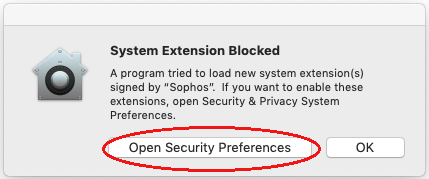 Click "Open Security Preferences", if "System Extension Blocked" displays