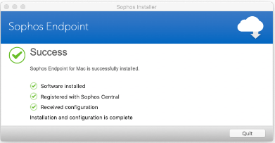 The "Sophos Endpoint for Mac is successfully installed" window displays when Sophos has been installed