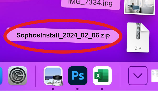 Highlighted Sophos Mac installer zip file