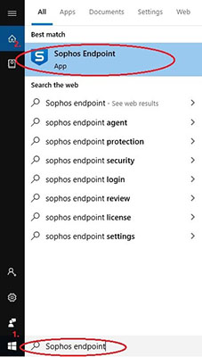Open Sophos from Windows Start by typing "Sophos Endpoint" in the search box.