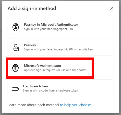 Microsoft Authenticator sign-in method selection