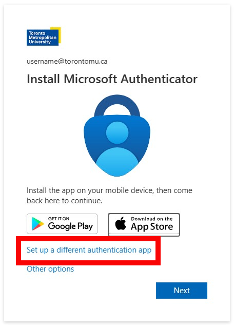Set up different authentication app option