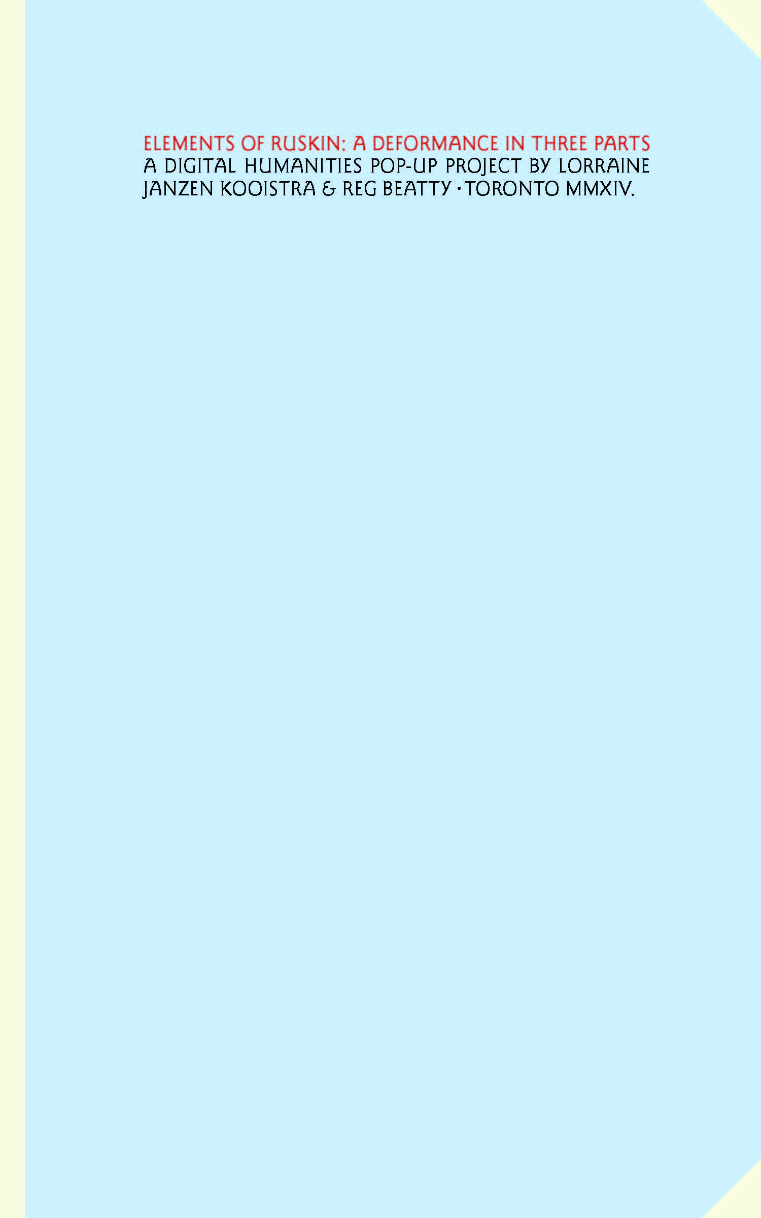 detail of arts and crafts lettering on plain light blue cover of the Elements of Ruskin