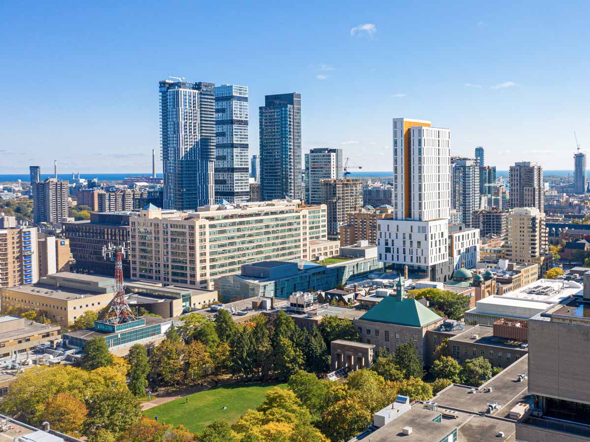 Looking southeast at buildings on TMU campus from above