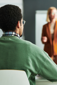 An observer sits at the back of a class, with a lecturer pictured speaking in the background of the image.