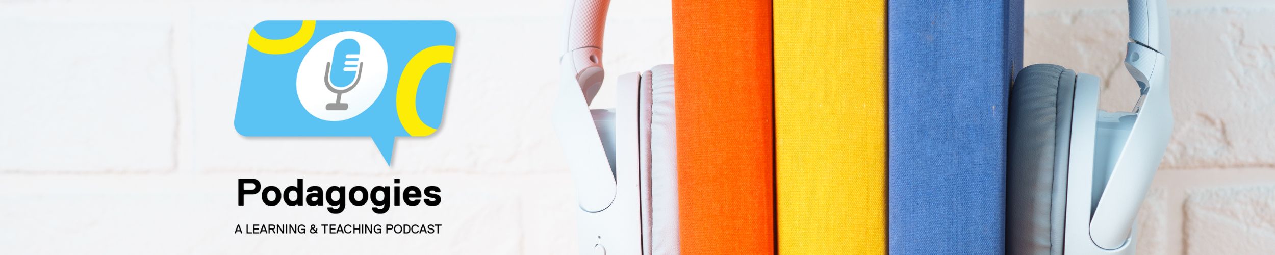 Podagogies logo, headphones on top of a stack of books