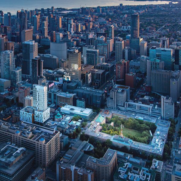 An aerial view of the TMU campus looking south and west out onto the lake.