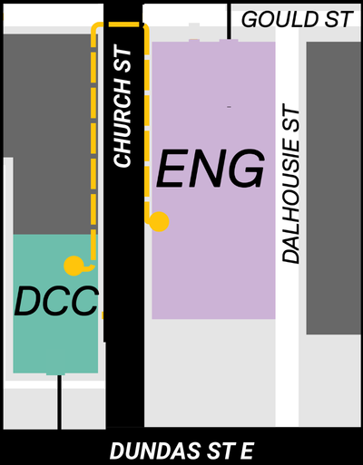 A map showing the DCC building, the ENG building, and the walking route between them via Gould St. to the North. 