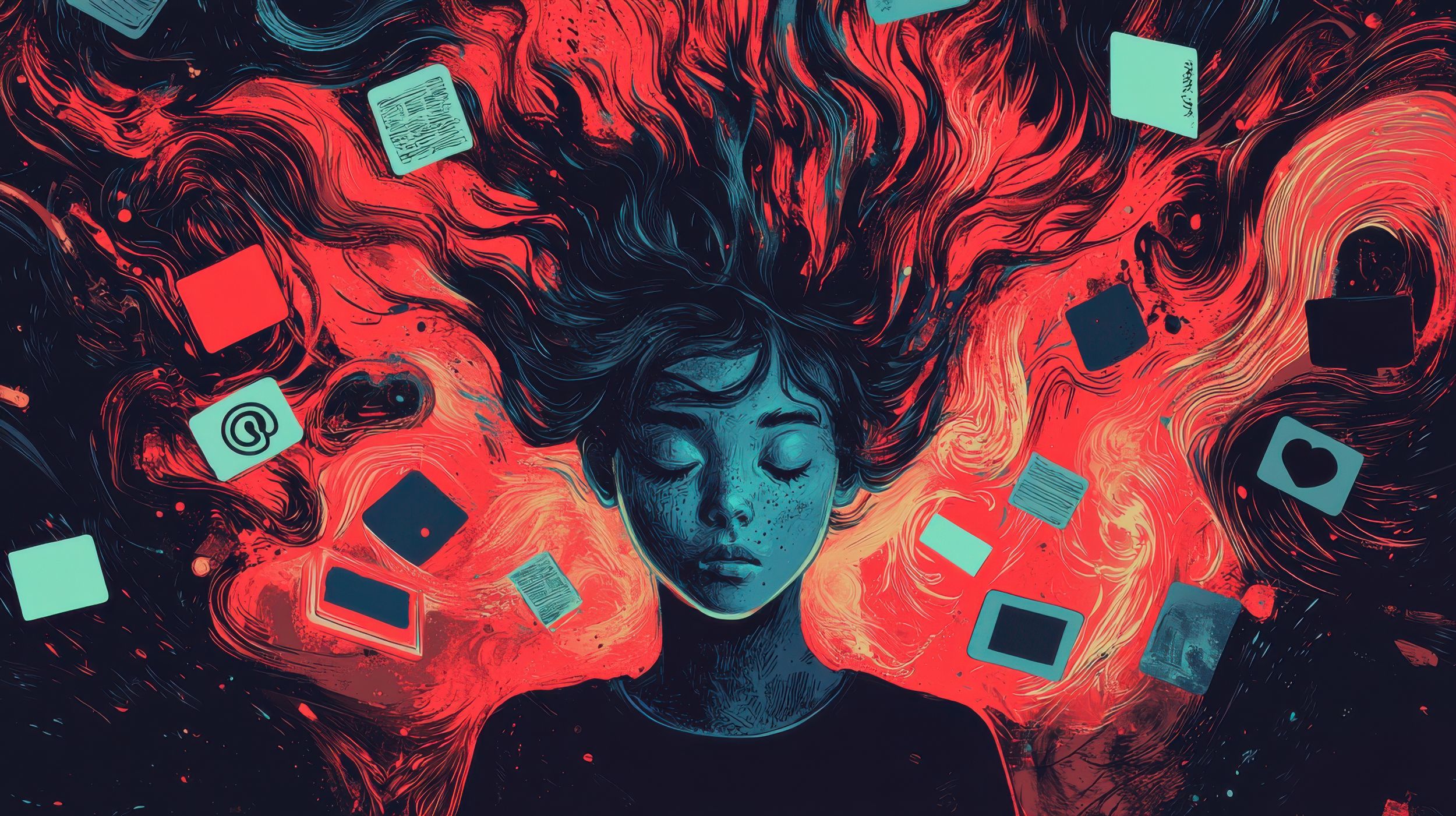 artistic, colourful rendition of person with symbols floating around their head