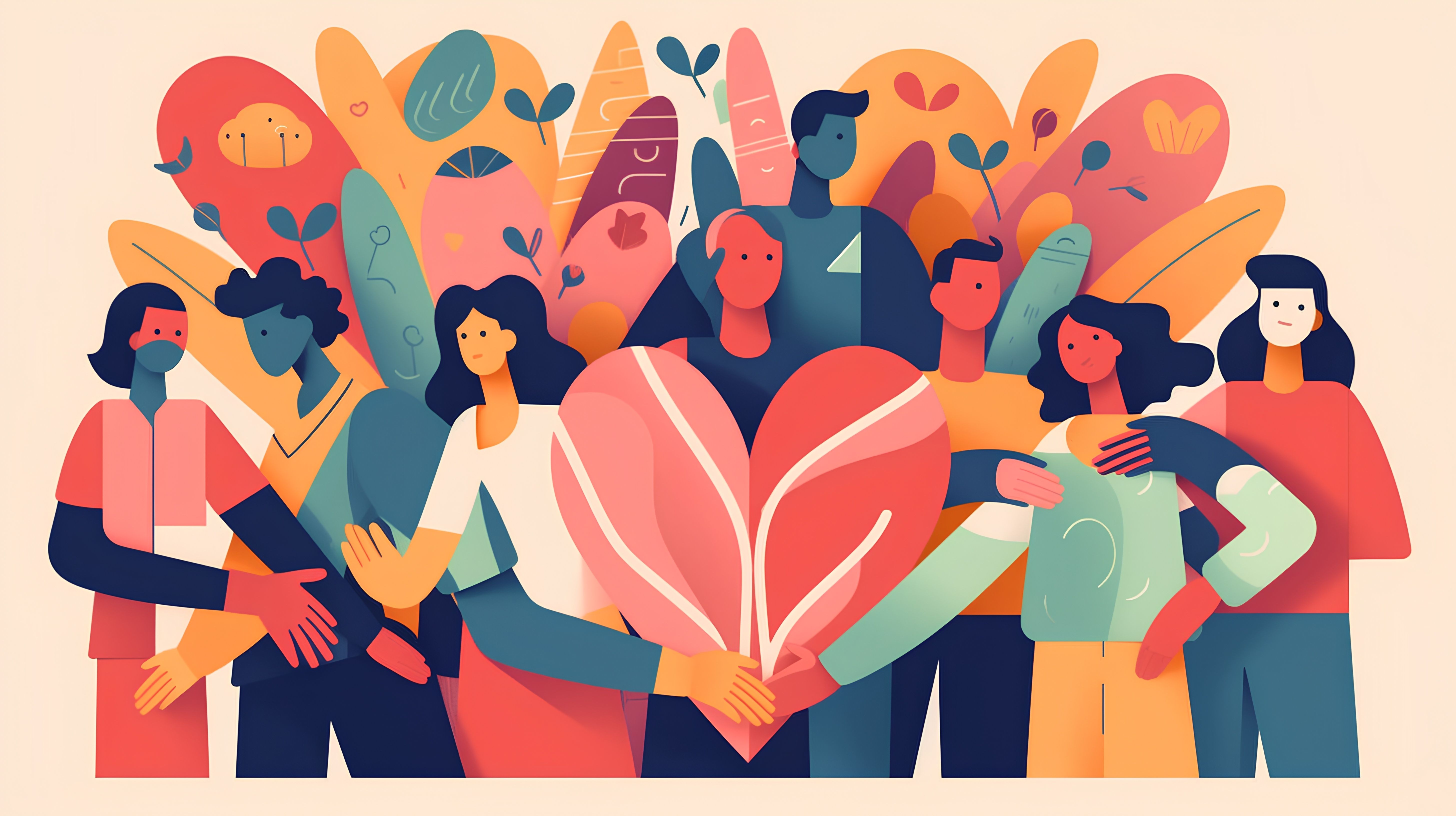 artistic, colourful rendition of a group people holding hand and supporting each other