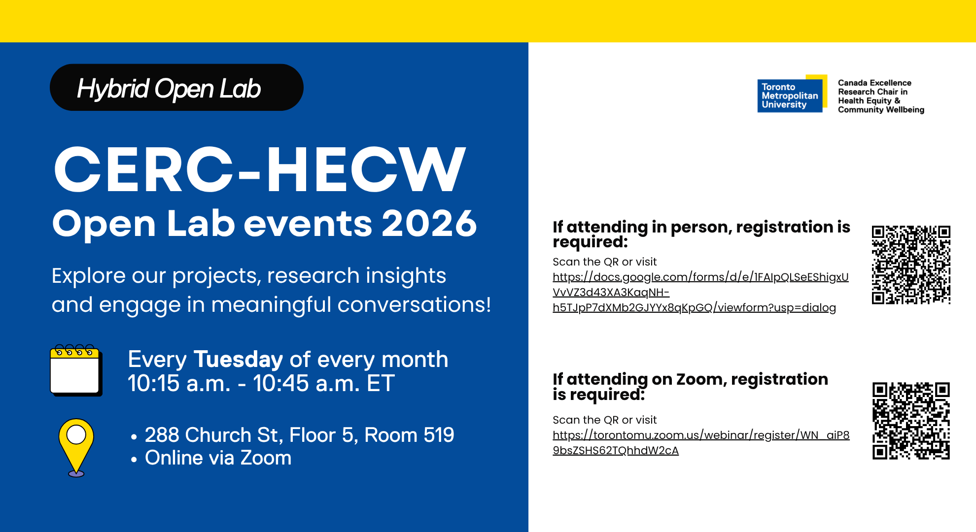 Promotional graphic for CERC-HECW Open Team Meetings. Blue and gold design with the headline “CERC-HECW Open Team Meetings” and the text: “Explore our projects, share research insights, and engage in meaningful conversation! Registration required.” Event details list: Date — first Tuesday of every month; Time — 10:15 AM. A QR code labeled “Scan Me” appears on the left. On the right is a group photo of a diverse team standing indoors in front of large windows.