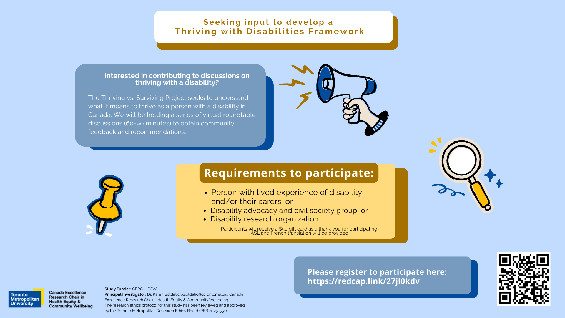 Promotional infographic on a light blue background seeking participants for a “Thriving with Disabilities Framework” project in Canada. Header reads “Seeking input to develop a Thriving with Disabilities Framework.” A blue text box states: “Interested in contributing to discussions on thriving with a disability? The Thriving vs. Surviving Project seeks to understand what it means to thrive as a person with a disability in Canada. We will be holding a series of virtual roundtable discussions (60–90 minutes) to obtain community feedback and recommendations.” A yellow section titled “Requirements to participate:” lists: “Person with lived experience of disability and/or their carers; Disability advocacy and civil society group; Disability research organization.” Small text notes participants receive a $50 gift card and ASL and French translation will be provided. Bottom right includes registration link “https://redcap.link/27jlokdv”  and a QR code. Logos at bottom left include Toronto Metropolitan University and Canada Excellence Research Chair in Health Equity & Community Wellbeing. Decorative icons include a megaphone, magnifying glass, and pushpin.