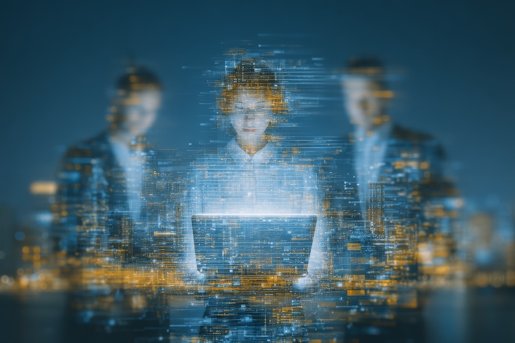 Futuristic digital transformation concept showing a business professional using a glowing laptop, overlaid with abstract data streams, holographic interface, and illuminated city skyline at night, symbolizing artificial intelligence, big data analytics, cybersecurity, and smart technology innovation in a corporate environment.