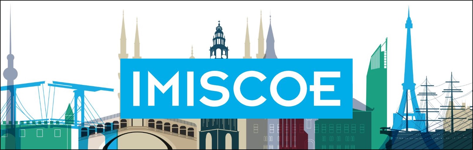 IMISCOE logo in blue and white with city illustration backdrop