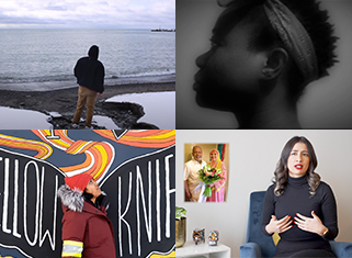 Man in front of a large body of water, profile shot of a woman with a headband on, profile of a women outside in front of a mural saying Yellowknife, woman sitting inside with a photo of her family to the left