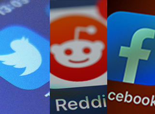 Twitter, Reddit and Facebook icons on a monitor