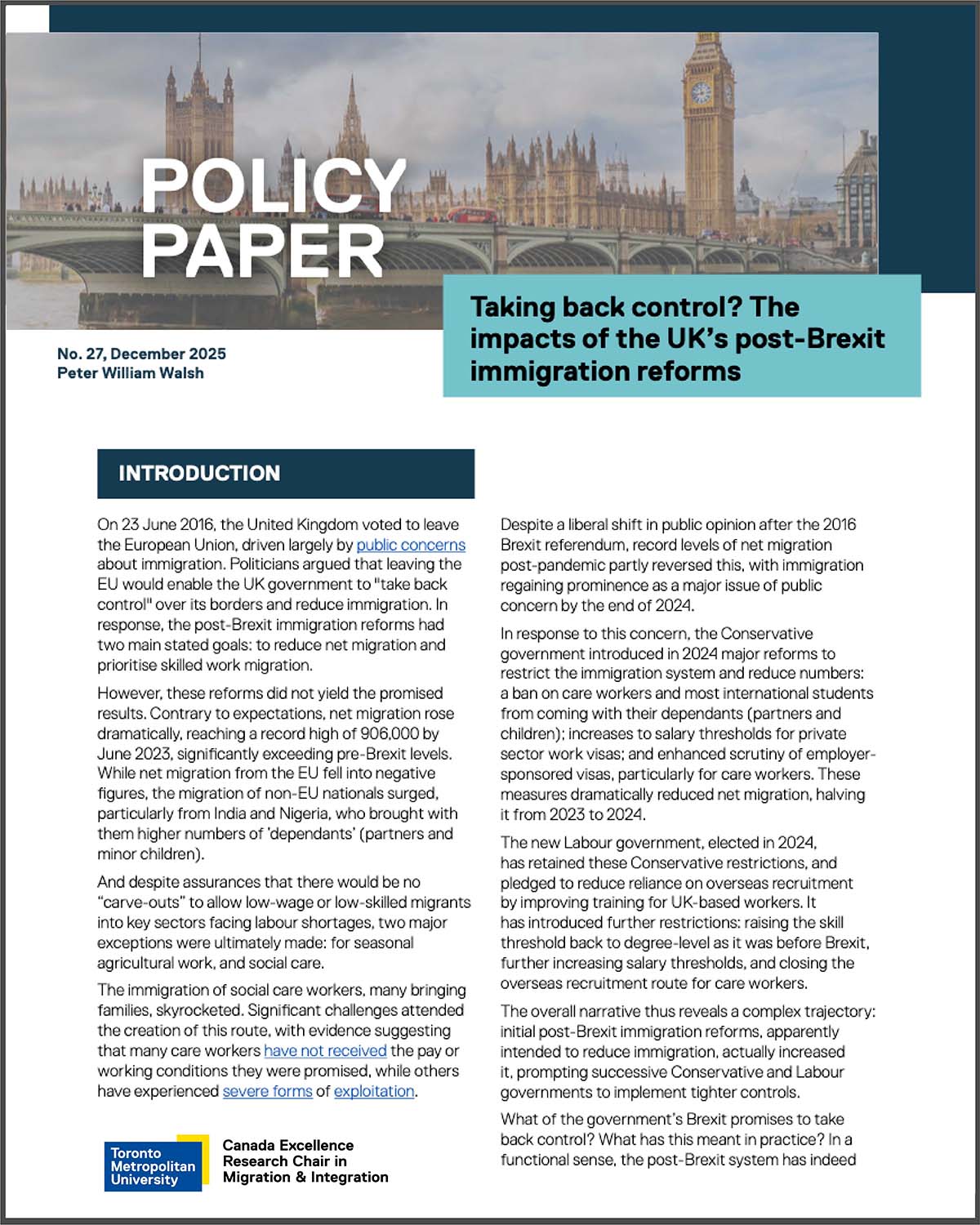 Policy Paper 27: Taking back control? The impacts of the UK’s post-Brexit immigration reforms