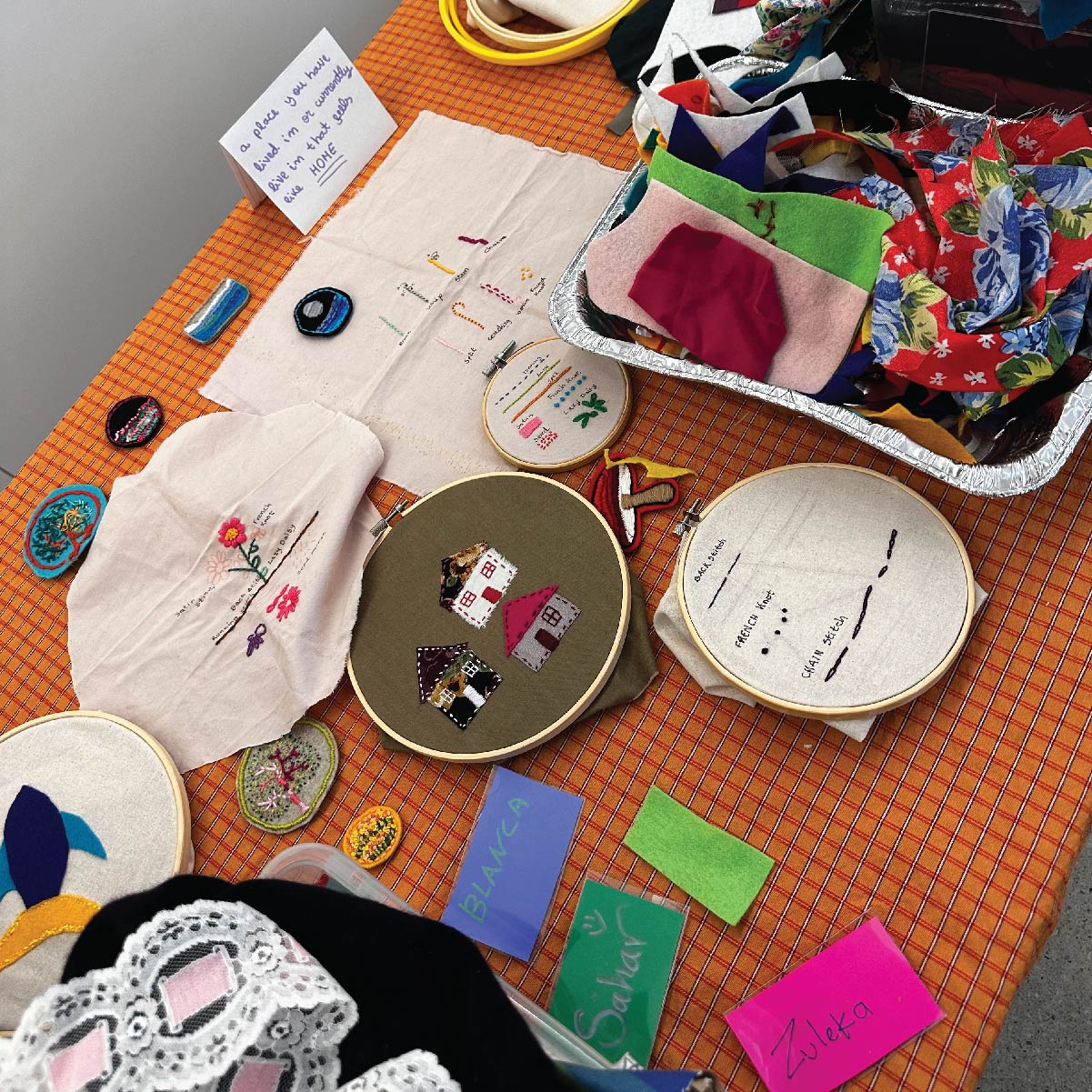 Embroidery hoop with textile of homes