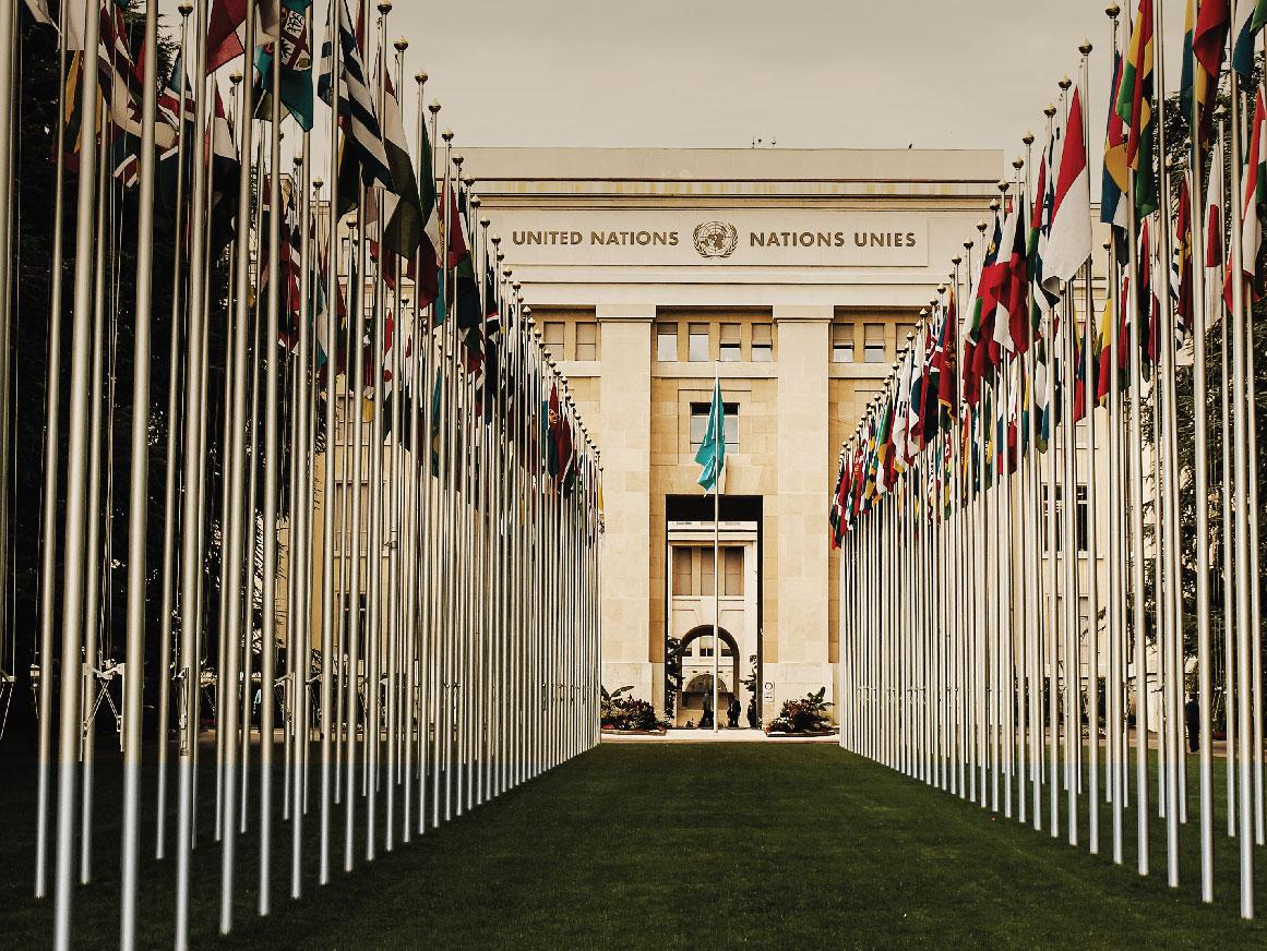 Flag-lined walkway up to the United Nations building