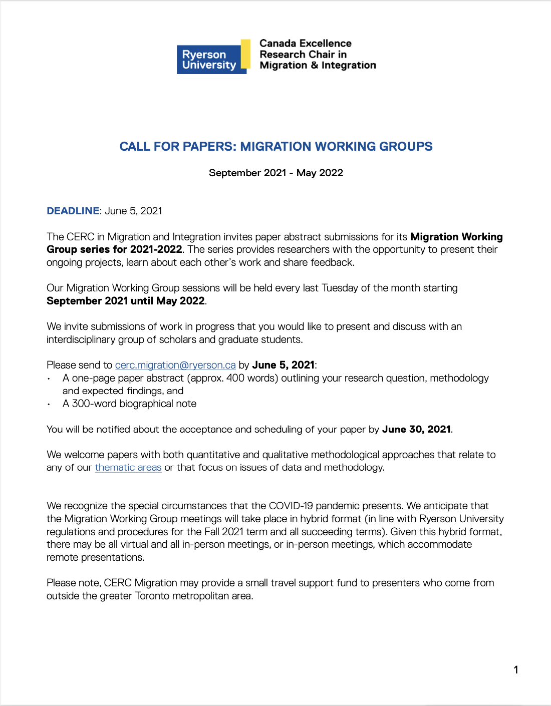 Call for papers Migration Working Group CERC in Migration and