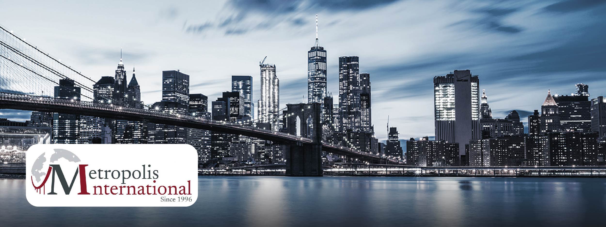 New York City skyline with Metropolis International logo in the bottom left corner