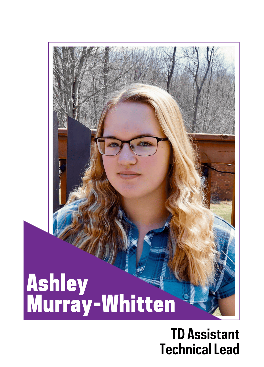 blonde girl with blue shirt standing outside