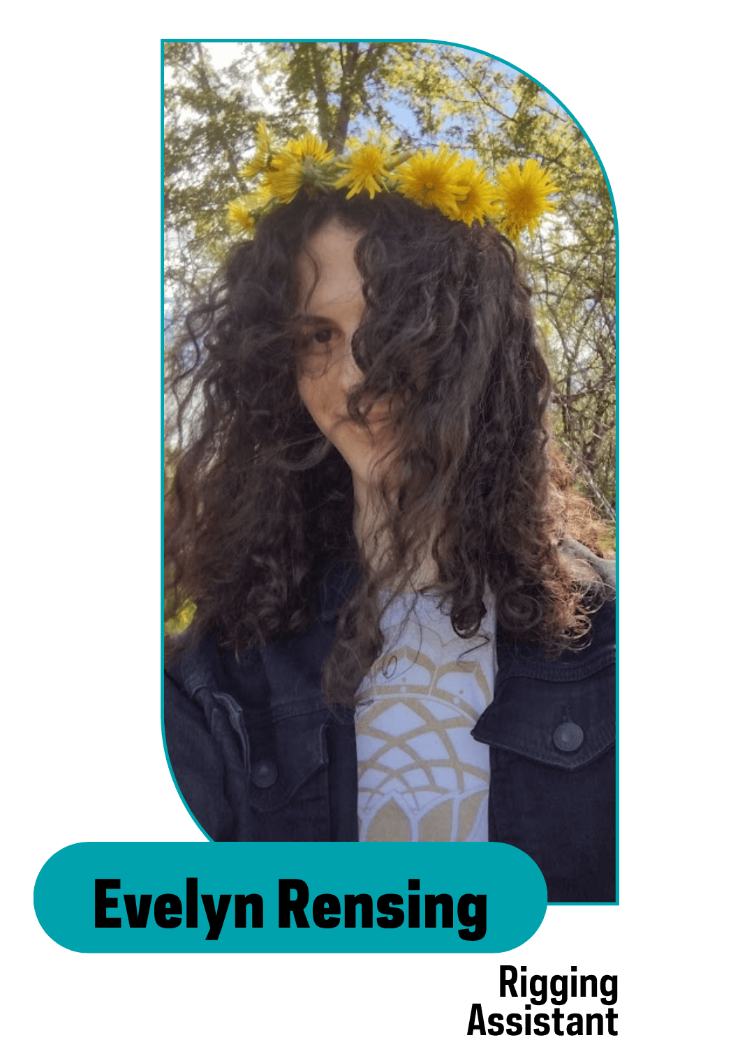 curly haired person with a flower crown standing outside 