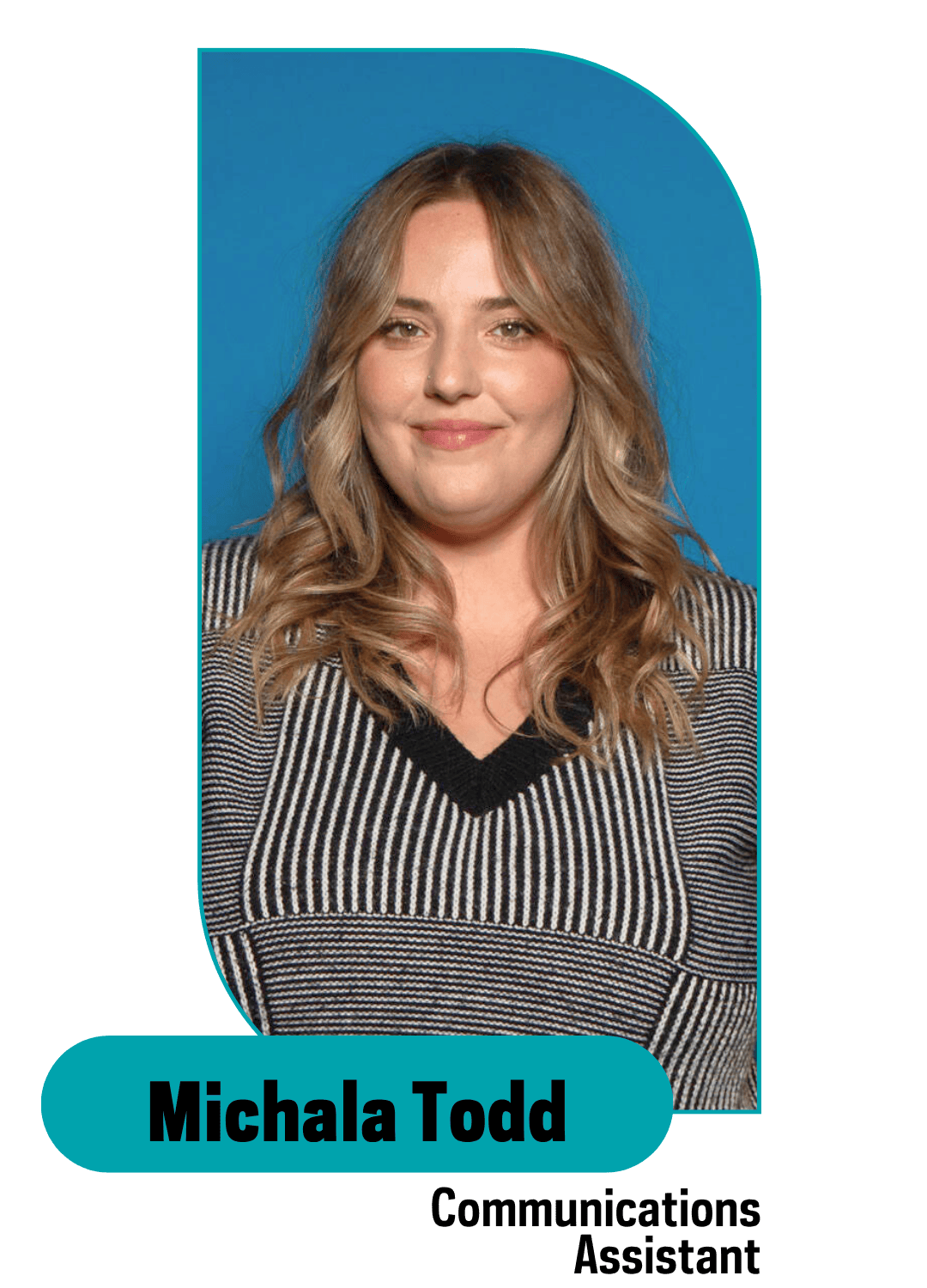 smiling girl with gray clothing standing in blue background 