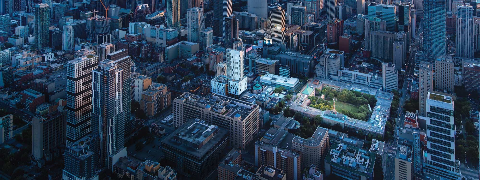 Aerial view of the TMU quad on a sunny day.
