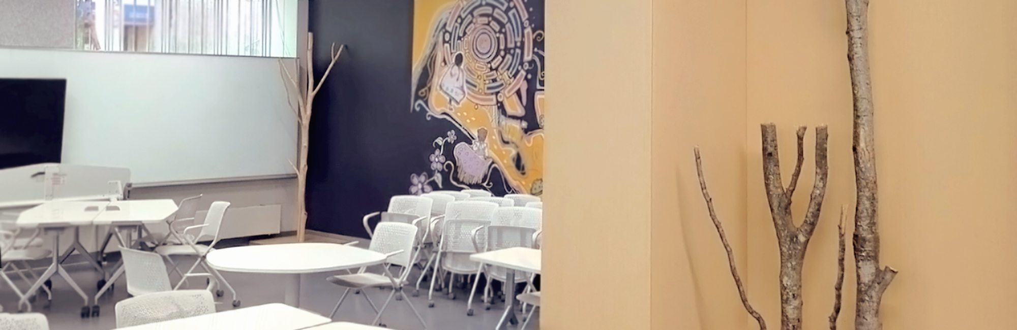 View of "Unfettered Access for our Grandchildren" Indigenous mural installation in the Active Learning Classroom