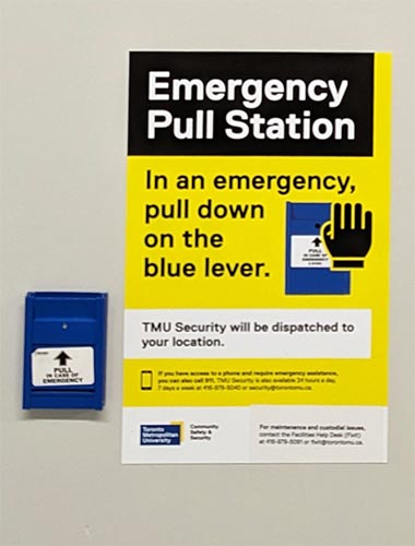 Blue emergency pull station.