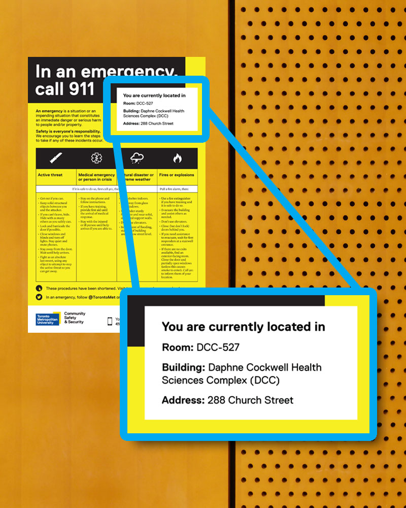 An inset image of how to find your location on yellow emergency signs.