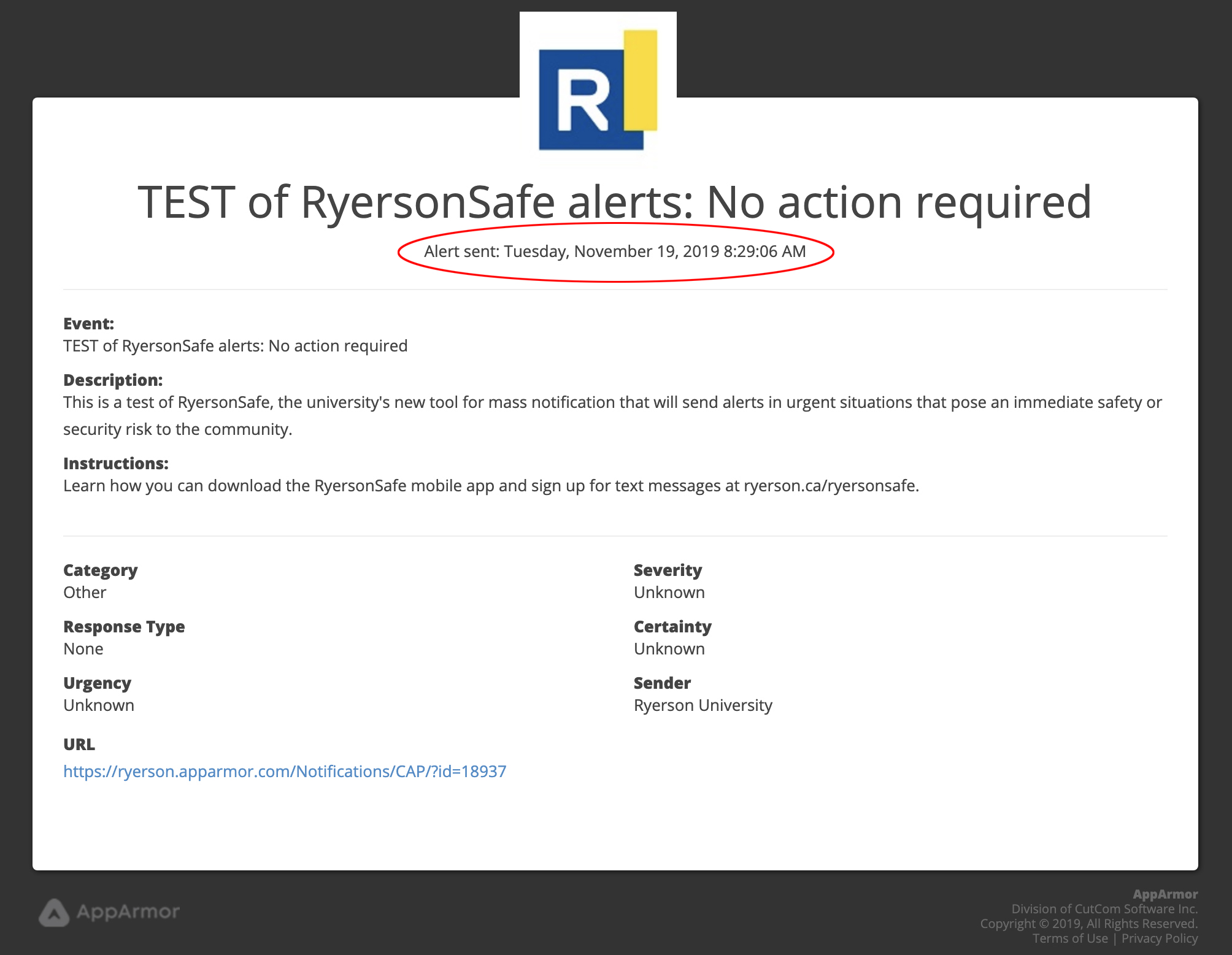 
The source of information page include all details about a specific safety alert on campus.