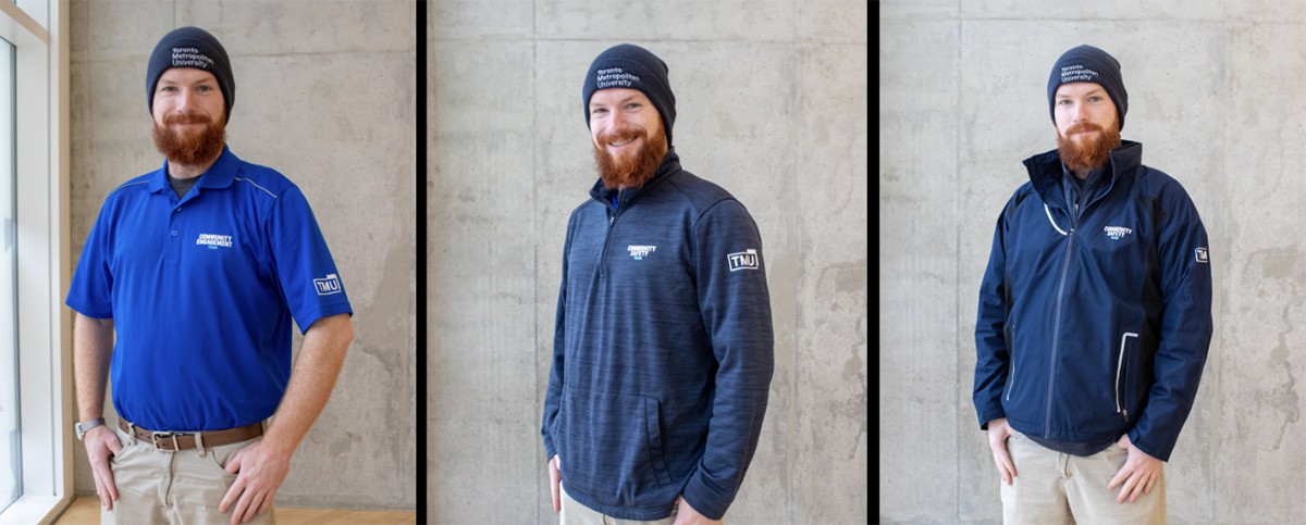 A collage of a staff member wearing the three Crime Prevention and Community Engagement apparel items.