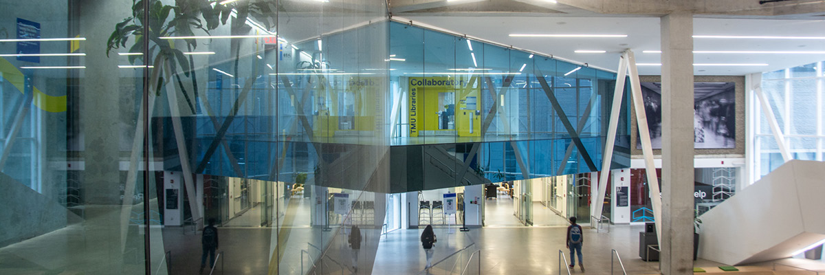A view of the SLC stairs leading from the main floor to the library.