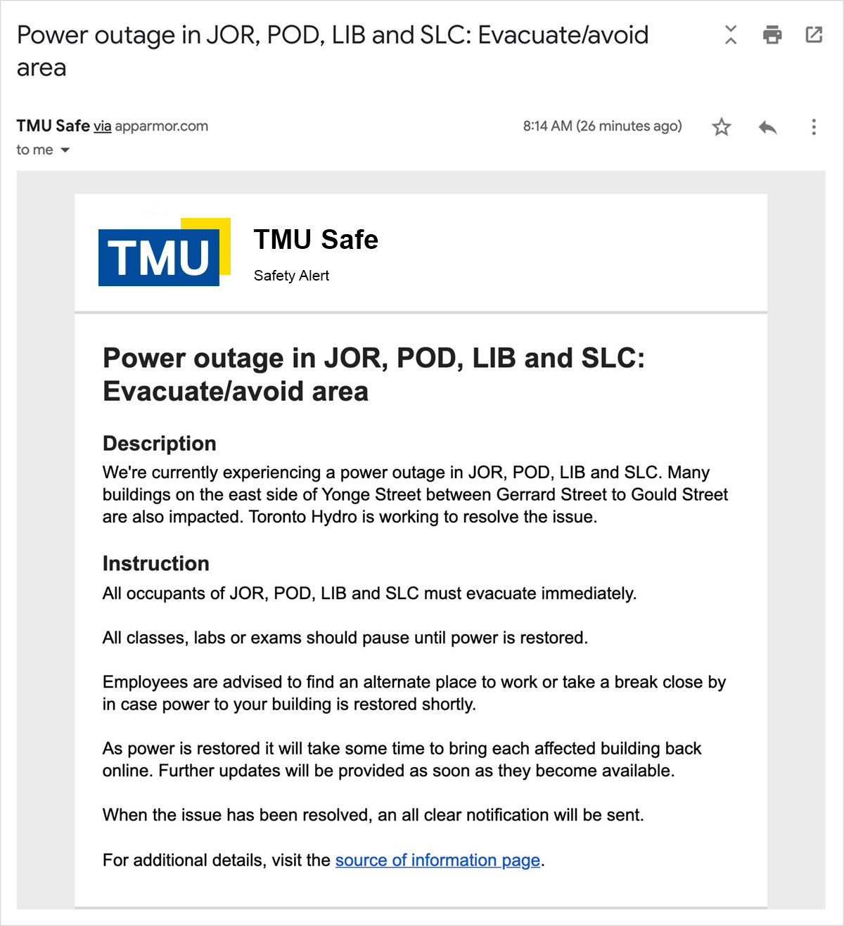 An example of a TMU Safe email alert indicated a power outage on campus, in a Gmail inbox.