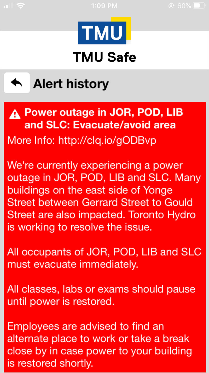 An example from the TMU Safe mobile app alert history screen, displaying more details about the power outage on campus.