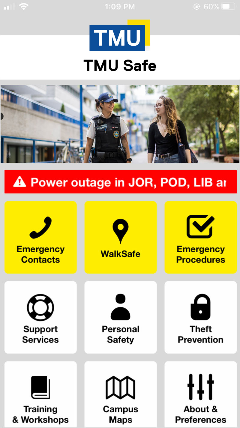 An example of the TMU Safe mobile app home screen with a red alert bar indicating a power outage in some buildings on campus.