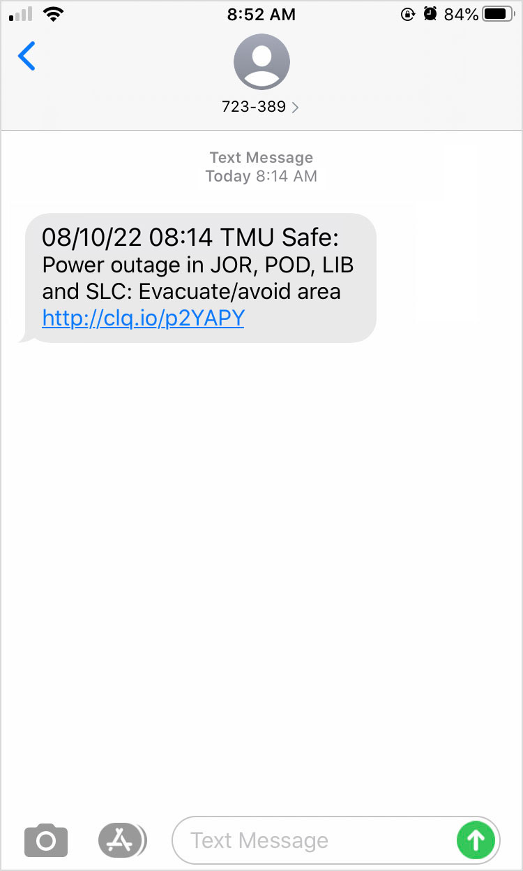 An example of a text message alert from TMU Safe indicating a power outage on campus.