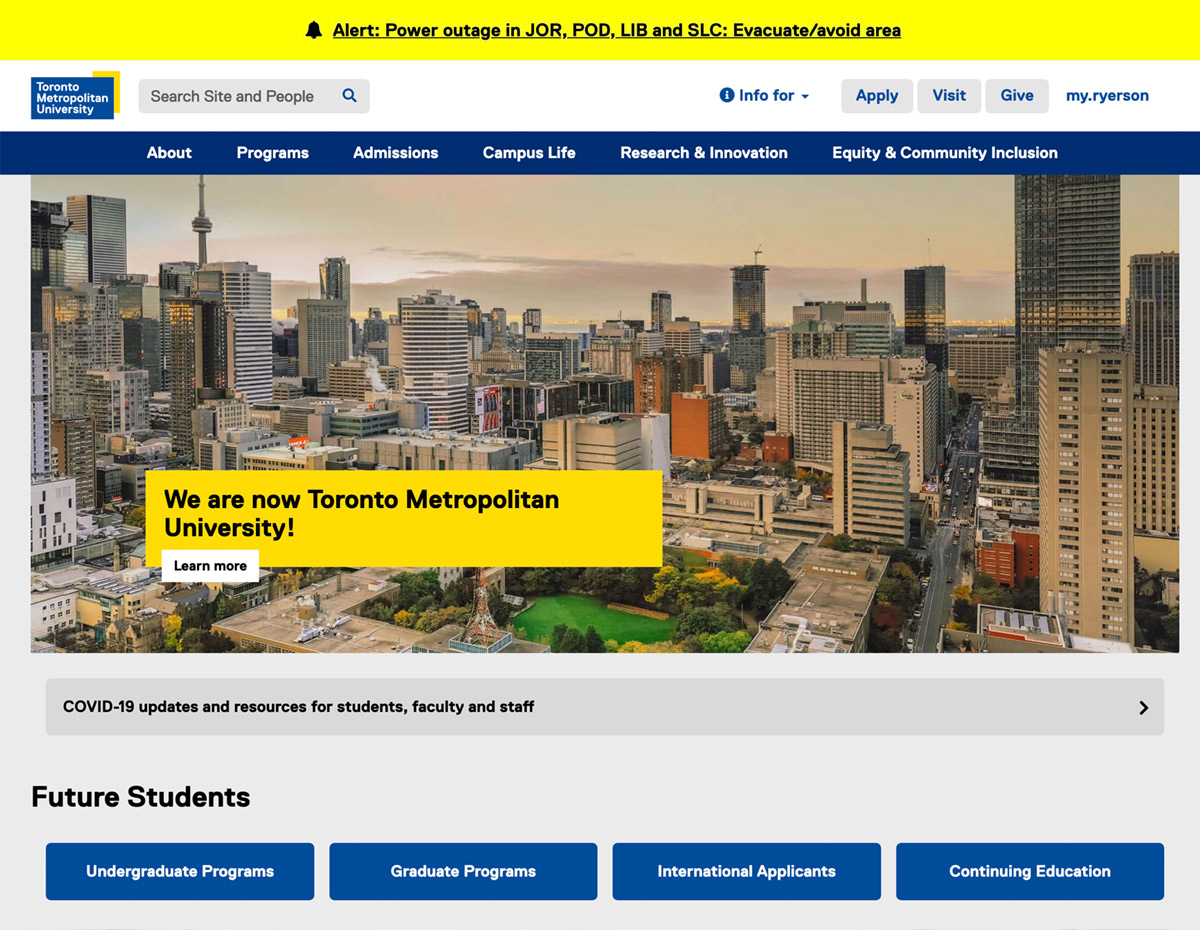 An example of a yellow TMU Safe alert bar on the TMU homepage.