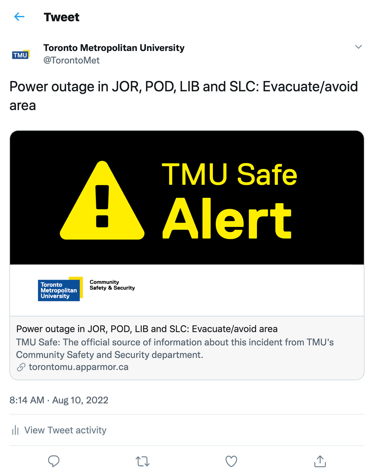 A Tweet from Toronto Metropolitan University with test alert content pointing to TMU Safe.