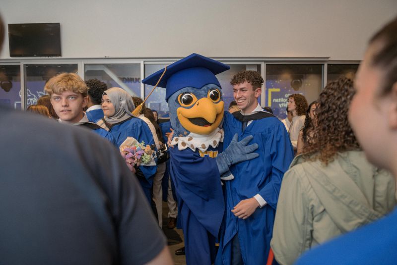 A grad in a blue gown is posing with TMU Mascot, Frankie the Falcon