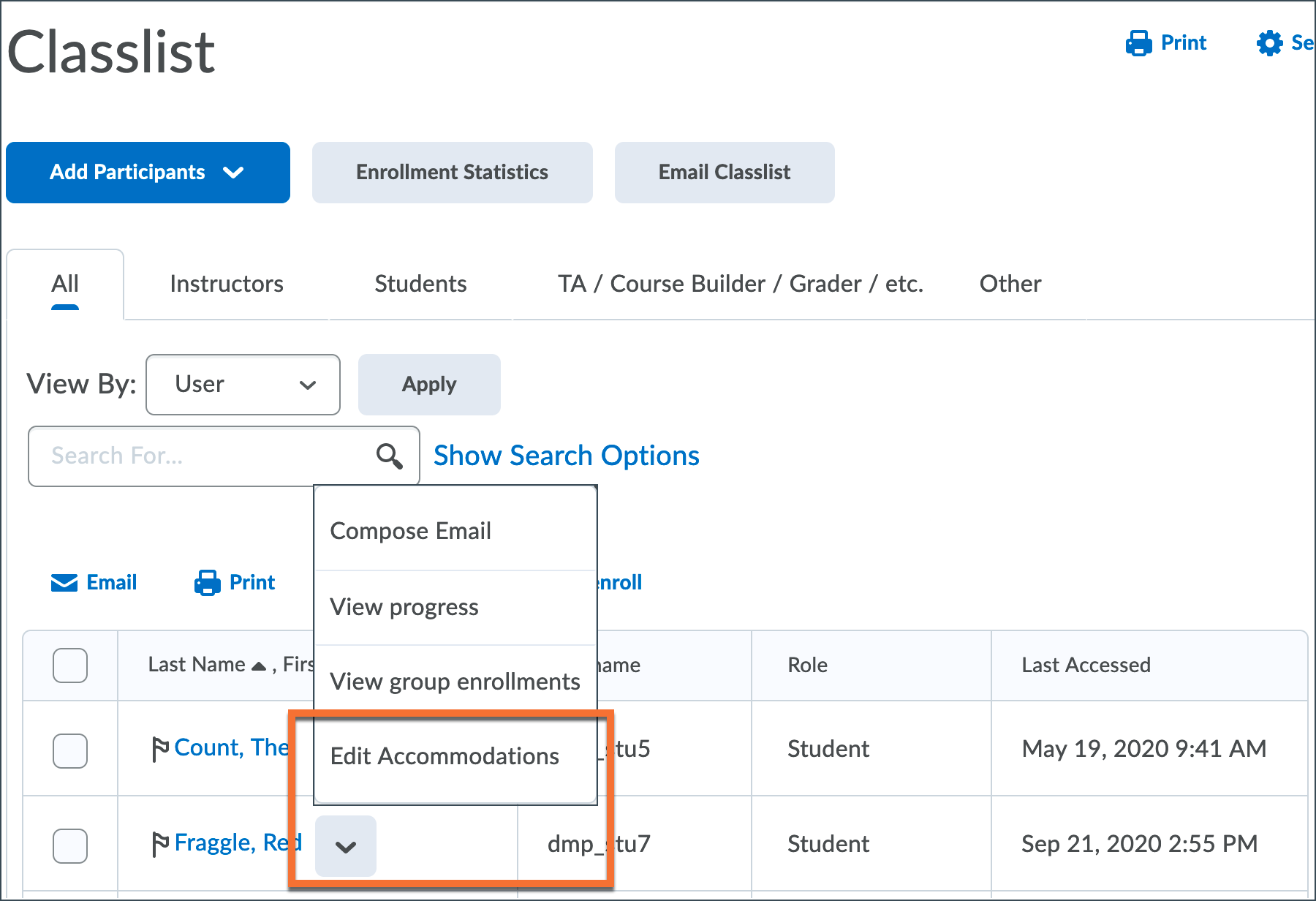 Locate the Edit Accommodations button for a student in the Classlist