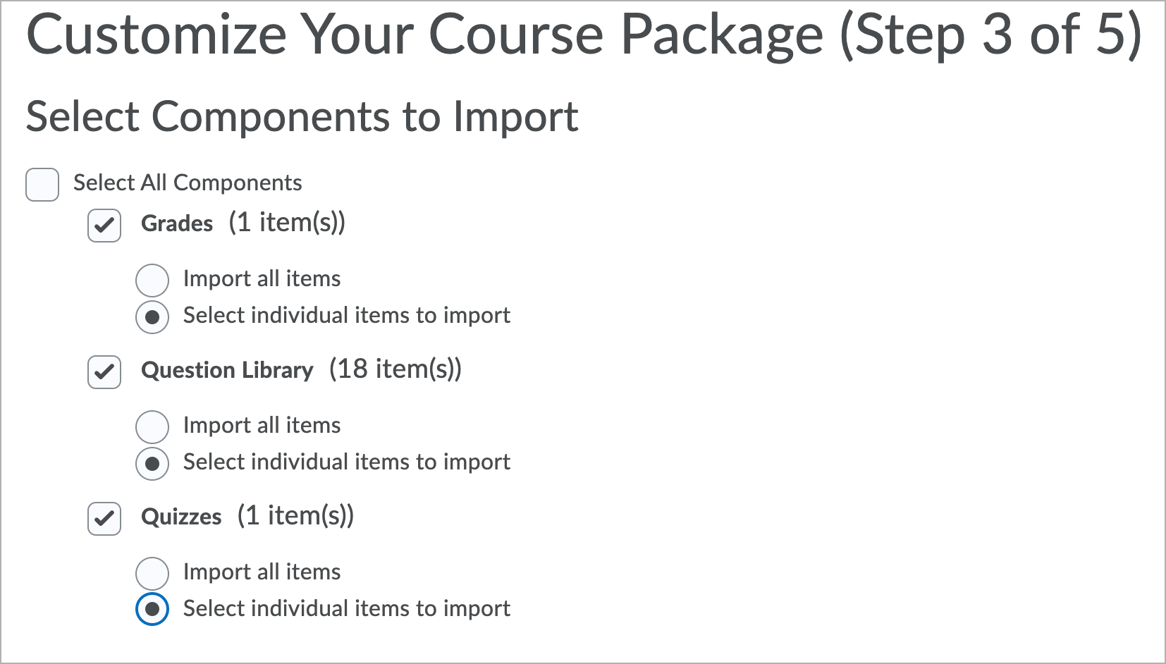 Check the sections of the package to import