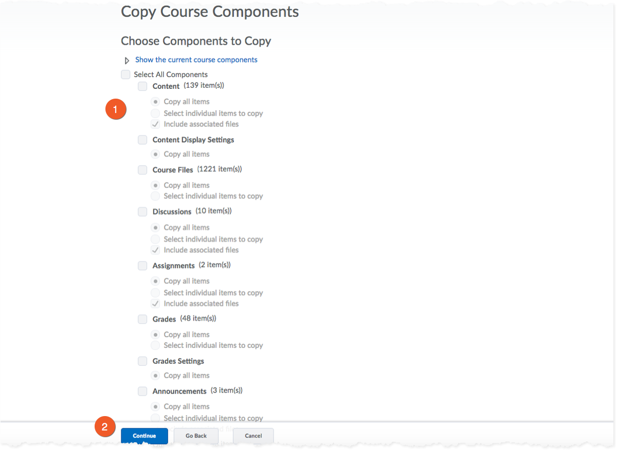 Copying content - selecting the components to be copied
