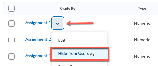 The "hide from users" option for a grade item